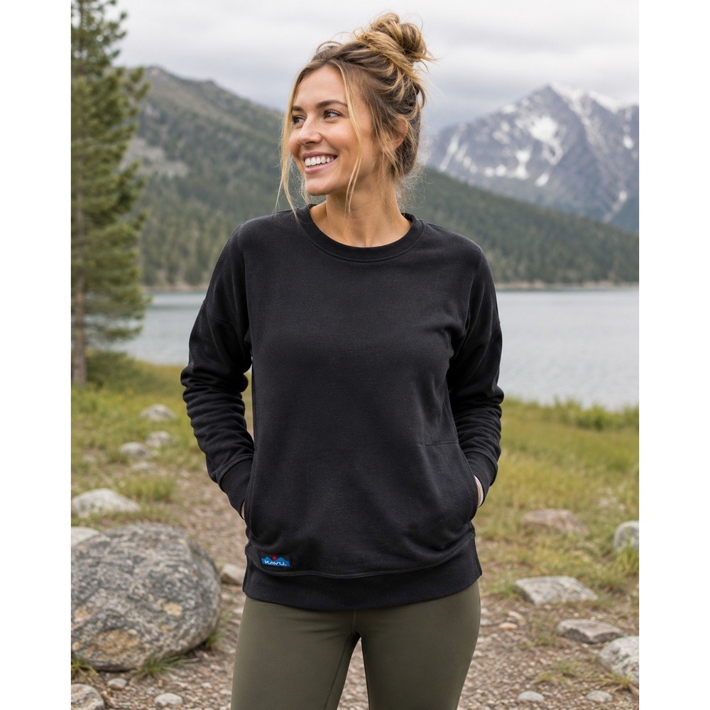 KAVU Riverton Sweatshirt Women Small‎ Black Fleece Crewneck Jersey Side Pockets